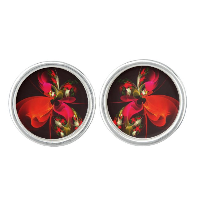 Red Green Floral Modern Abstract Art Pattern #02 Cufflinks (Front)