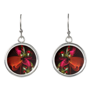 Red Green Floral Modern Abstract Art Pattern #02 Earrings