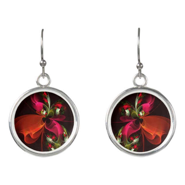 Red Green Floral Modern Abstract Art Pattern #02 Earrings (Front)