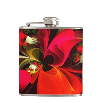 Red Green Floral Modern Abstract Art Pattern #02 Flask by OniArts at Zazzle