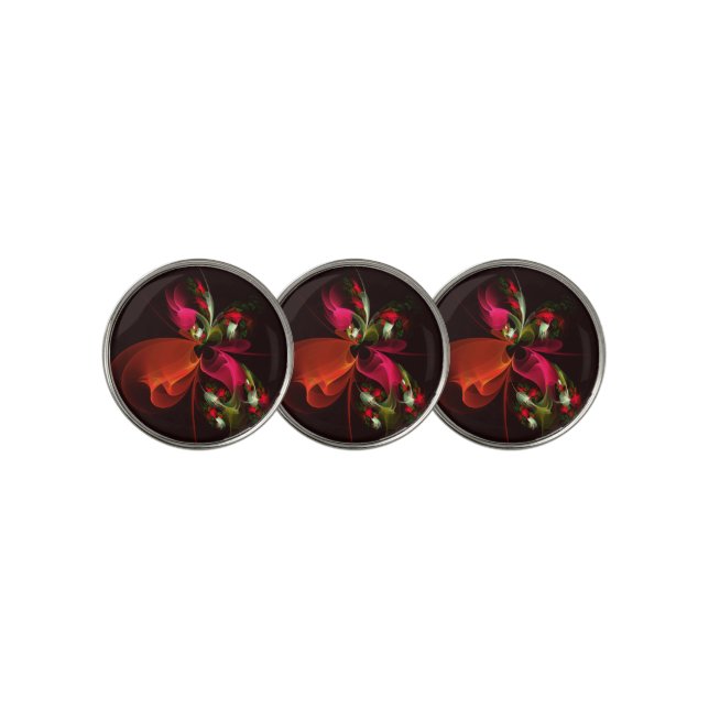 Red Green Floral Modern Abstract Art Pattern #02 Golf Ball Marker (3 Up)