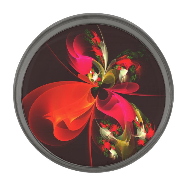 Red Green Floral Modern Abstract Art Pattern #02 Gunmetal Finish Lapel Pin (Front)