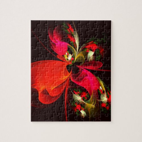 Red Green Floral Modern Abstract Art Pattern 02 Jigsaw Puzzle