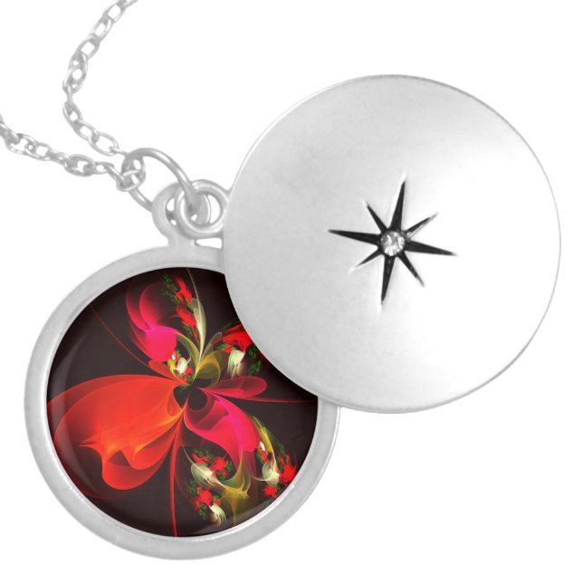 Red Green Floral Modern Abstract Art Pattern #02 Locket Necklace (Front)