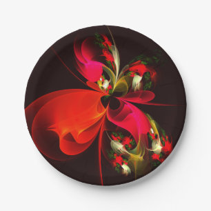 Red Green Floral Modern Abstract Art Pattern #02 Paper Plates