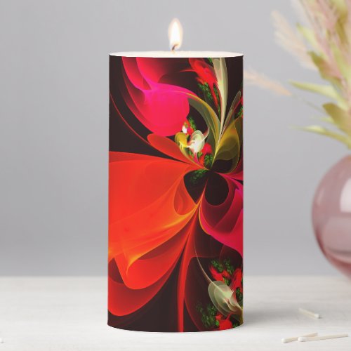 Red Green Floral Modern Abstract Art Pattern 02 Pillar Candle