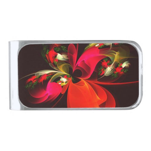 Red Green Floral Modern Abstract Art Pattern 02 Silver Finish Money Clip