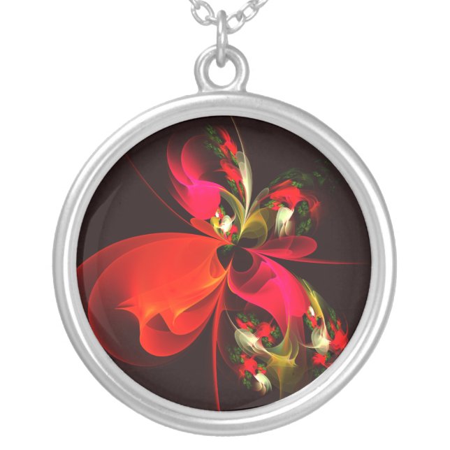 Red Green Floral Modern Abstract Art Pattern #02 Silver Plated Necklace (Front)