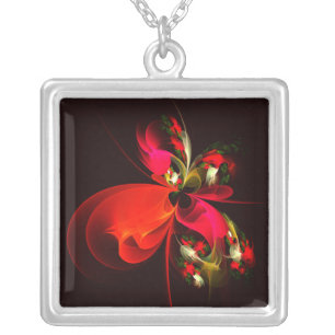 Red Green Floral Modern Abstract Art Pattern #02 Silver Plated Necklace
