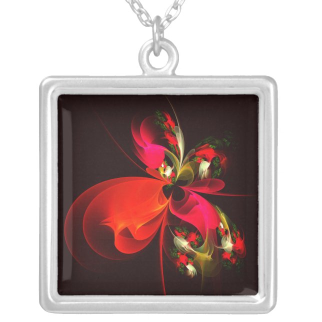 Red Green Floral Modern Abstract Art Pattern #02 Silver Plated Necklace (Front)