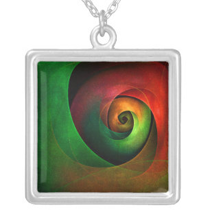 Red Green Floral Modern Abstract Art Pattern #21 Silver Plated Necklace