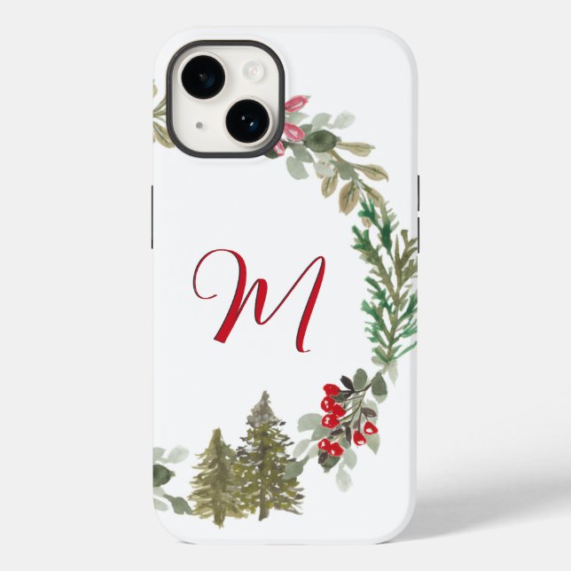 Red Green Floral Monogram Christmas Case-Mate iPhone Case (Back)