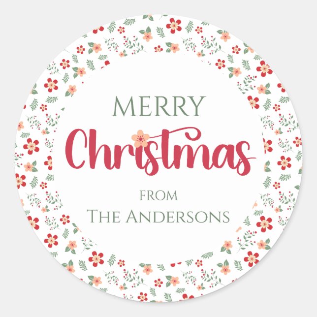 Red&Green Floral Pattern Merry Christmas Gift Classic Round Sticker (Front)