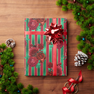Red Green Floral Roses Metallic Holiday Christmas Wrapping Paper