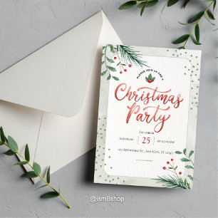 Red Green Floral Watercolor Christmas Party Invitation