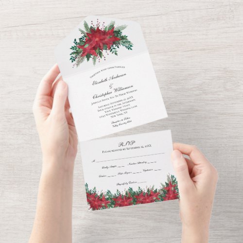 Red Green Floral Wedding All In One Invitation