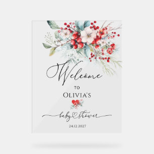 Red Green Floral Winter Baby Shower Welcome Acrylic Sign