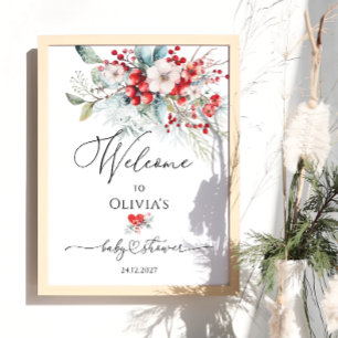 Red Green Floral Winter Baby Shower Welcome Poster