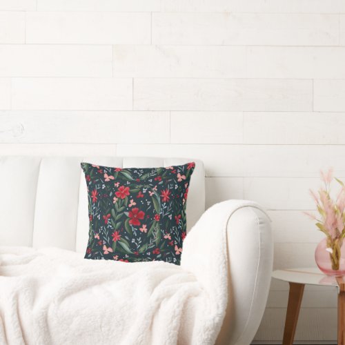 Red green floral wreath festive pattern winter throw pillow
