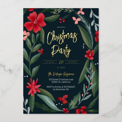 Red green floral wreath pattern Christmas Foil Invitation
