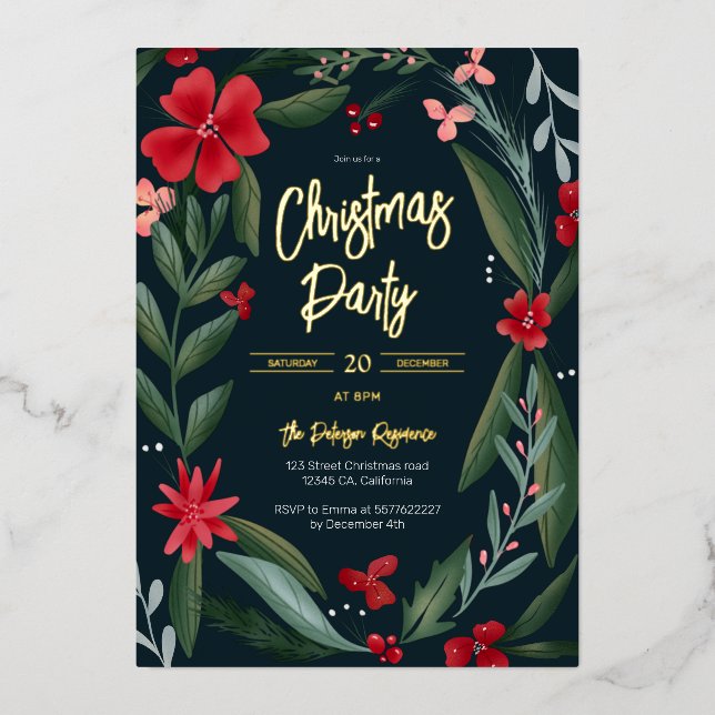 Red green floral wreath pattern Christmas Foil Invitation (Front)