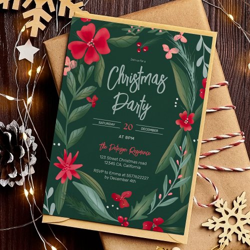 Red green floral wreath pattern Christmas green Invitation