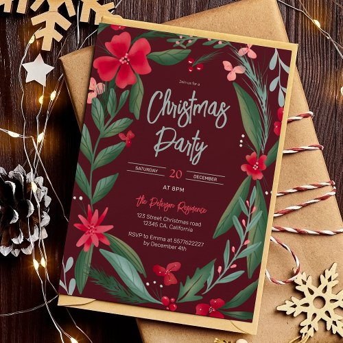 Red green floral wreath pattern Christmas red Invitation
