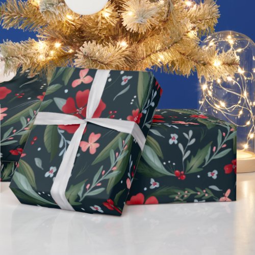 Red green floral wreath pattern Christmas winter Wrapping Paper