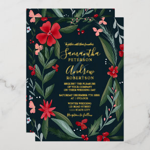 Red green floral wreath pattern wedding foil invitation