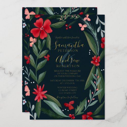 Red green floral wreath pattern wedding foil invitation