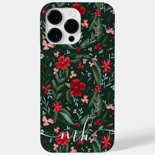 Red green floral wreath pattern winter monogram Case_Mate iPhone 14 pro max case