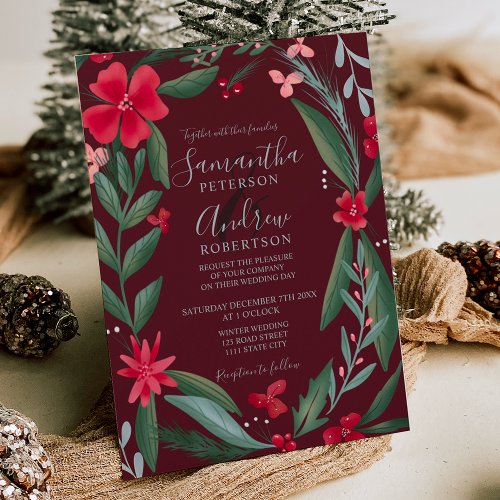 Red green floral wreath pattern winter wedding invitation