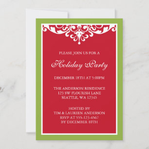 Red Green Flourish Scroll Christmas Holiday Party Invitation