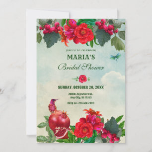 Red Green Flowers Bird Retro bridal shower Invitation