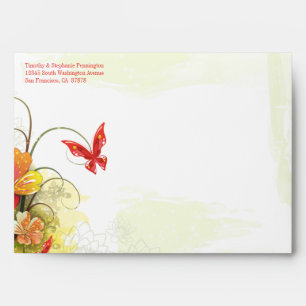 Red green flowers + butterfly wedding envelope