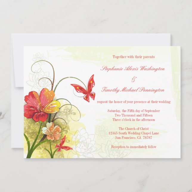 Red green flowers + butterfly wedding invitation (Front)