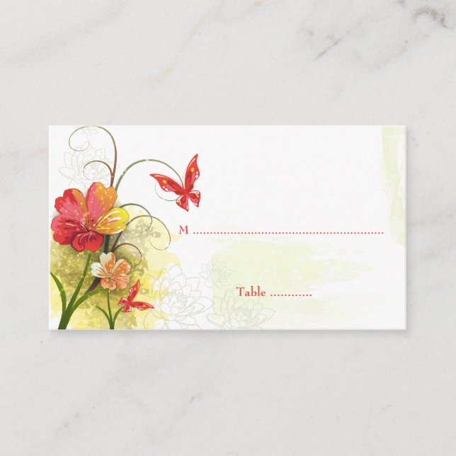 Red green flowers + butterfly wedding place card (Front)