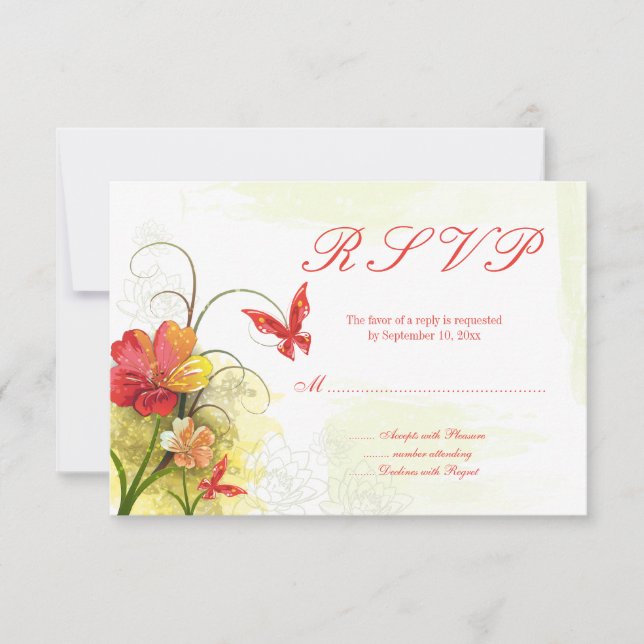 Red green flowers + butterfly wedding rsvp reply (Front)