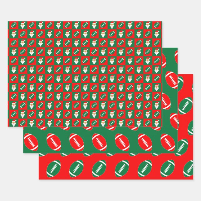 Red & Green Football & Santa Matching Christmas Wrapping Paper Sheets (Set)