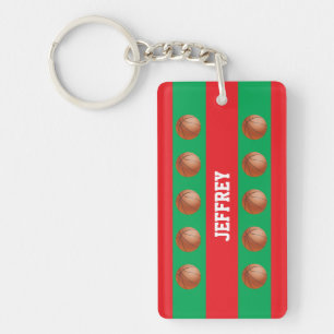 Red & Green for Xmas, Basketball Player, Name Keychain