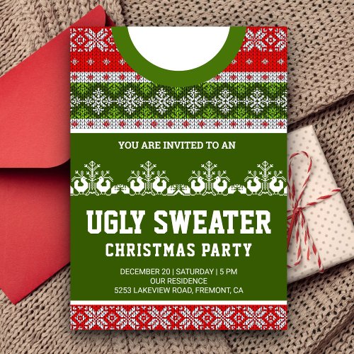 Red Green Funny Tacky Ugly Sweater Christmas Party Invitation