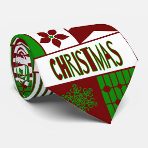 Red & Green Geometric Pattern Merry Christmas Tie