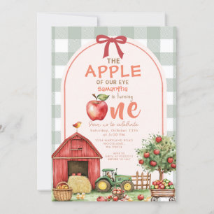 Red Green Gingham Apple Watercolor first birthday Invitation