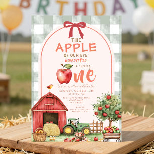 Red Green Gingham Apple Watercolor first birthday Invitation