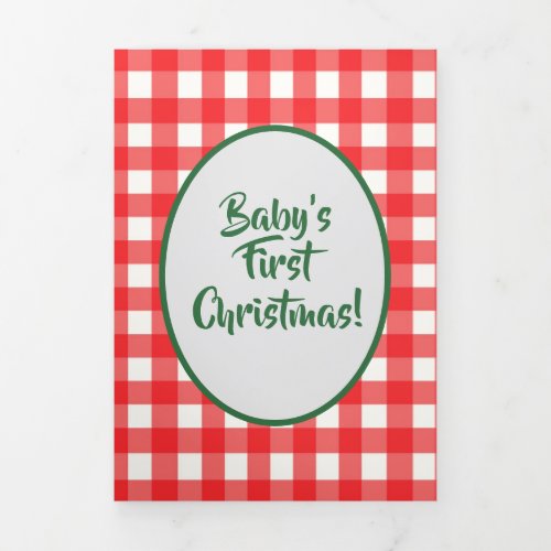 Red  Green Gingham Photo Babys First Christmas Tri_Fold Holiday Card
