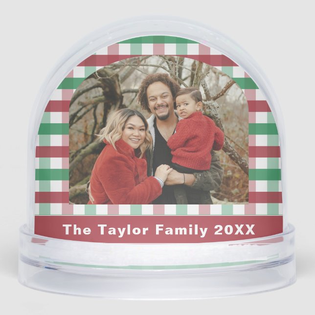 Red Green Gingham Plaid Family Photo Snow Globe (Front)