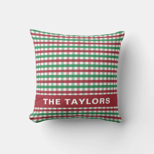 Red Green Gingham Plaid Farmhouse Family Name Throw Pillow