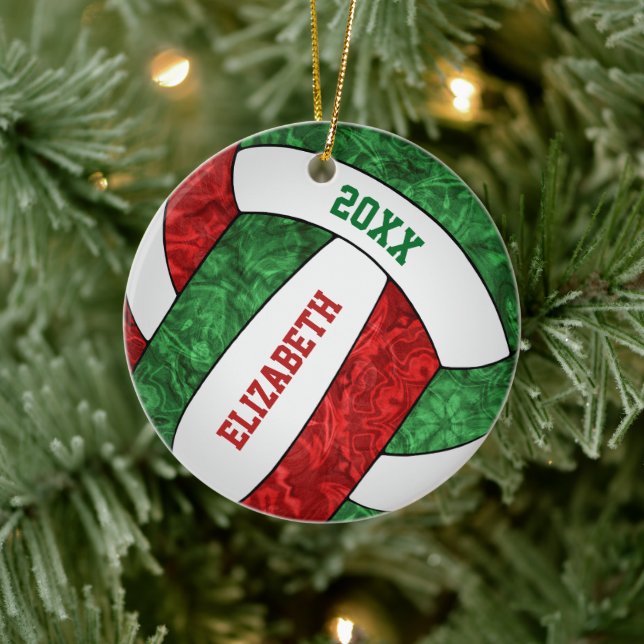 red green girls volleyball Christmas Ceramic Ornament (Tree)