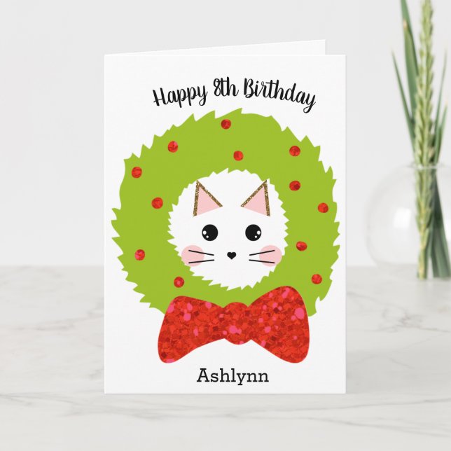 Red Green Glitter Bow Cat Christmas Birthday Card (Front)
