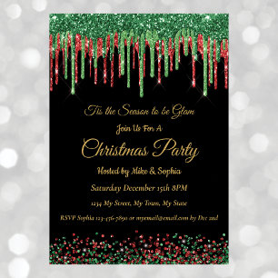 Red Green Glitter Dripping Christmas Party Black Invitation